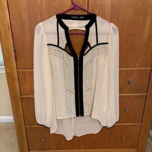 Do & Be Cream & Black Zip Up Sheer Blouse